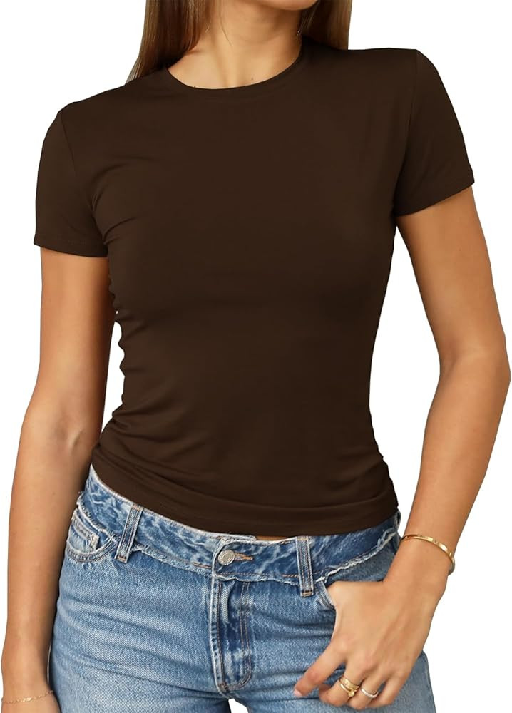 Abardsion Women's Casual Basic Going Out Crop Tops Slim Fit Short Sleeve Crew Neck Tight T Shirts... | Amazon (US)