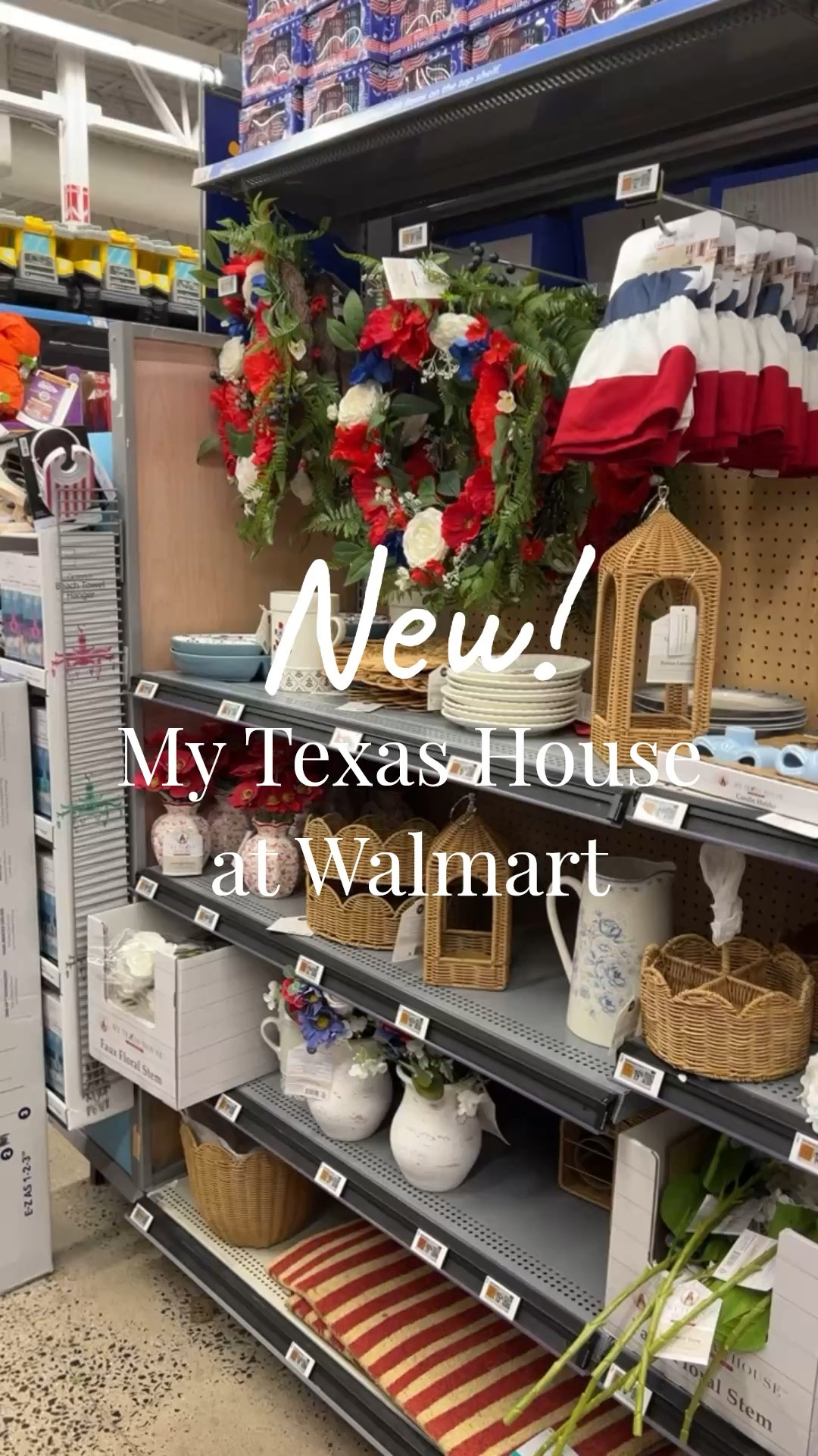 New My Texas House home deco drop at Walmart featuring red white and blue florals, entryway wreath and doormat, lanterns, woven scalloped tray, faux hydrangeas, serving ware and dinnerware for entertaining and even outdoor bows and buntings for decorating. The tiny blue bow framed art is showing up in store only. Memorial Day, Fourth of July, 4th, Independence Day, patriotic decorations home accents 

#LTKHome