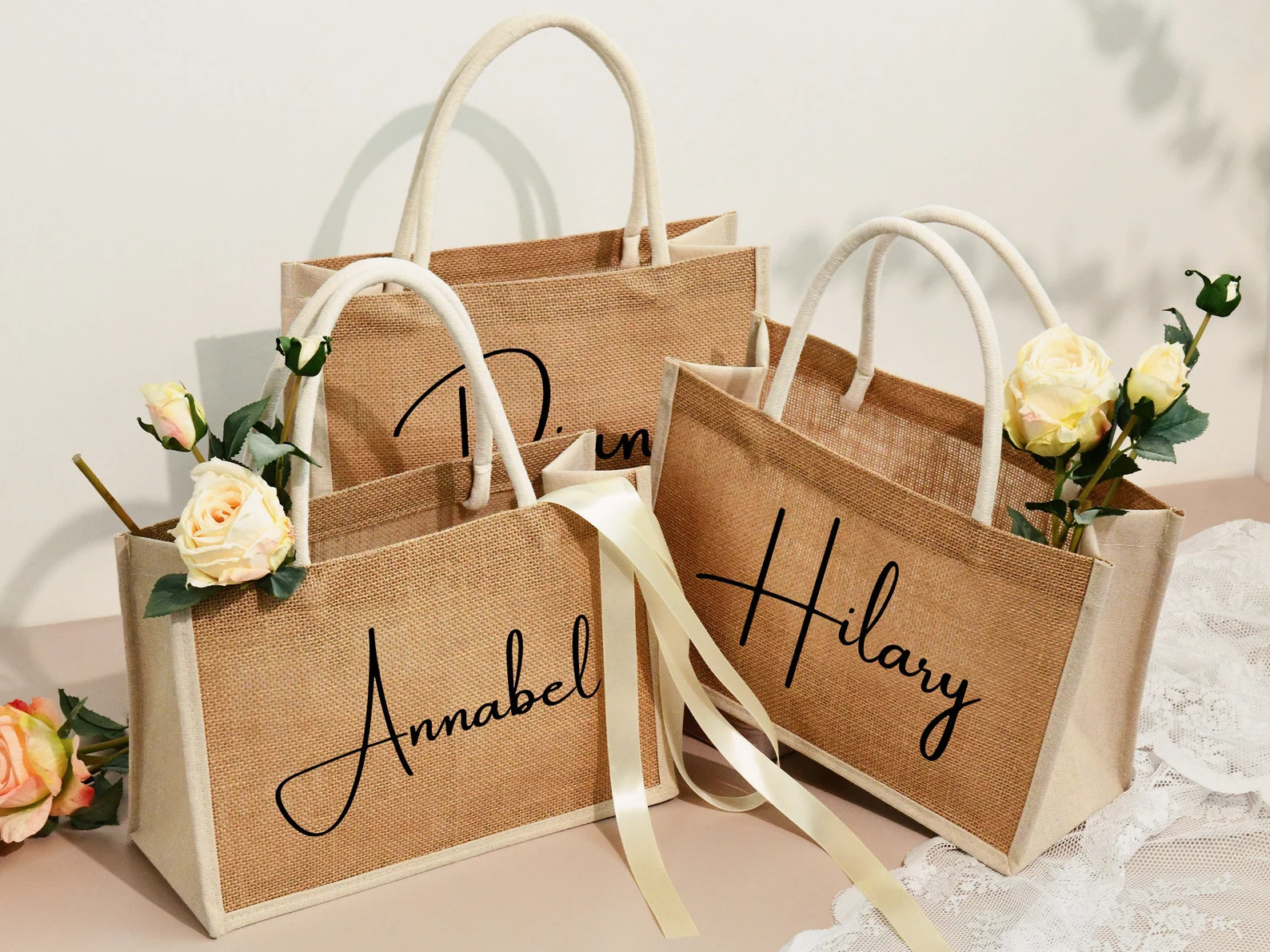 Personalized Bridesmaid Bags,burlap Tote With Name,monogram Beach Tote Bag,custom Burlap Bag,jute... | Etsy (US)