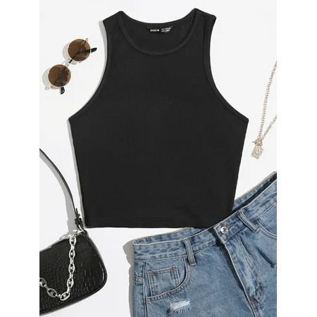 Black Solid Crop Tank Top | Walmart (US)
