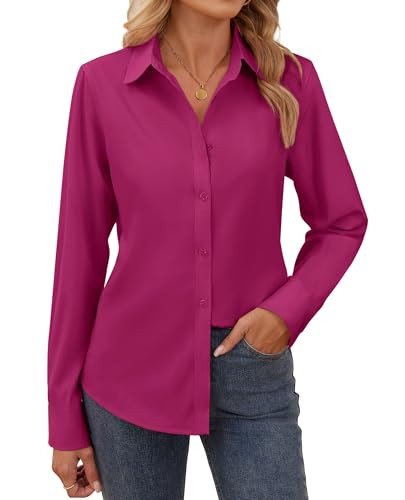 Women's Button Down Shirts Classic Women's Dress Shirts Collared Button Down Shirts Business Casual Blouses Long Sleeve V Neck Fit Work Tops Purple Red XL | Amazon (US)