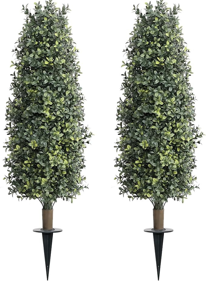 Amazon.com - 36" Artificial Boxwood Topiary Trees with Ground Spike Set of 2, Outdoor 3ft Faux Bo... | Amazon (US)
