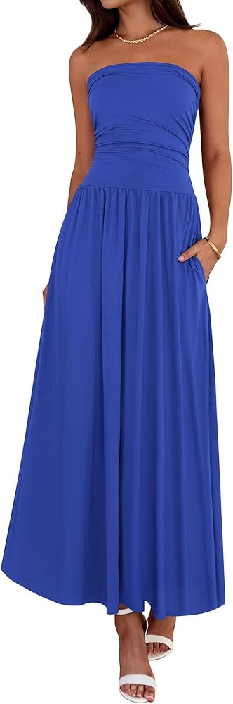 BTFBM Summer Maxi Dresses for Women 2025 Strapless Ruched Tube Top Flowy Beach Vacation Wedding G... | Amazon (US)