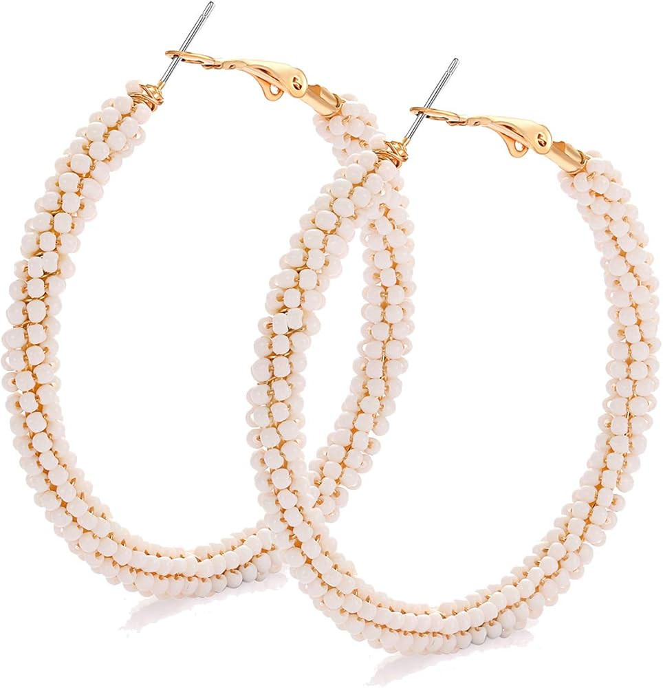 Beaded Hoop Earrings for Women Mixed Color Bead Dangle Earrings Bohemia Hoop Dangle Earring Studs... | Amazon (US)