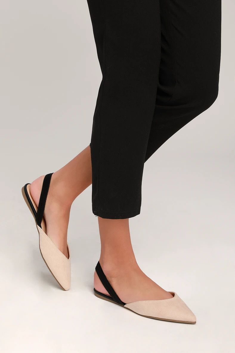 Mae Beige and Black Suede Pointed-Toe Slingback Flats | Lulus (US)
