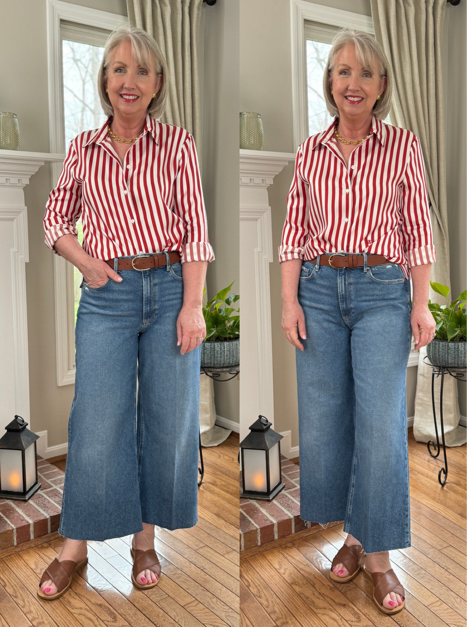 This red and white silk blouse will elevate any look! I’ve styled it with a fun pair of wide-leg jeans and sandals for a casual yet polished spring look. ✨

#LTKmidsize #LTKstyletip