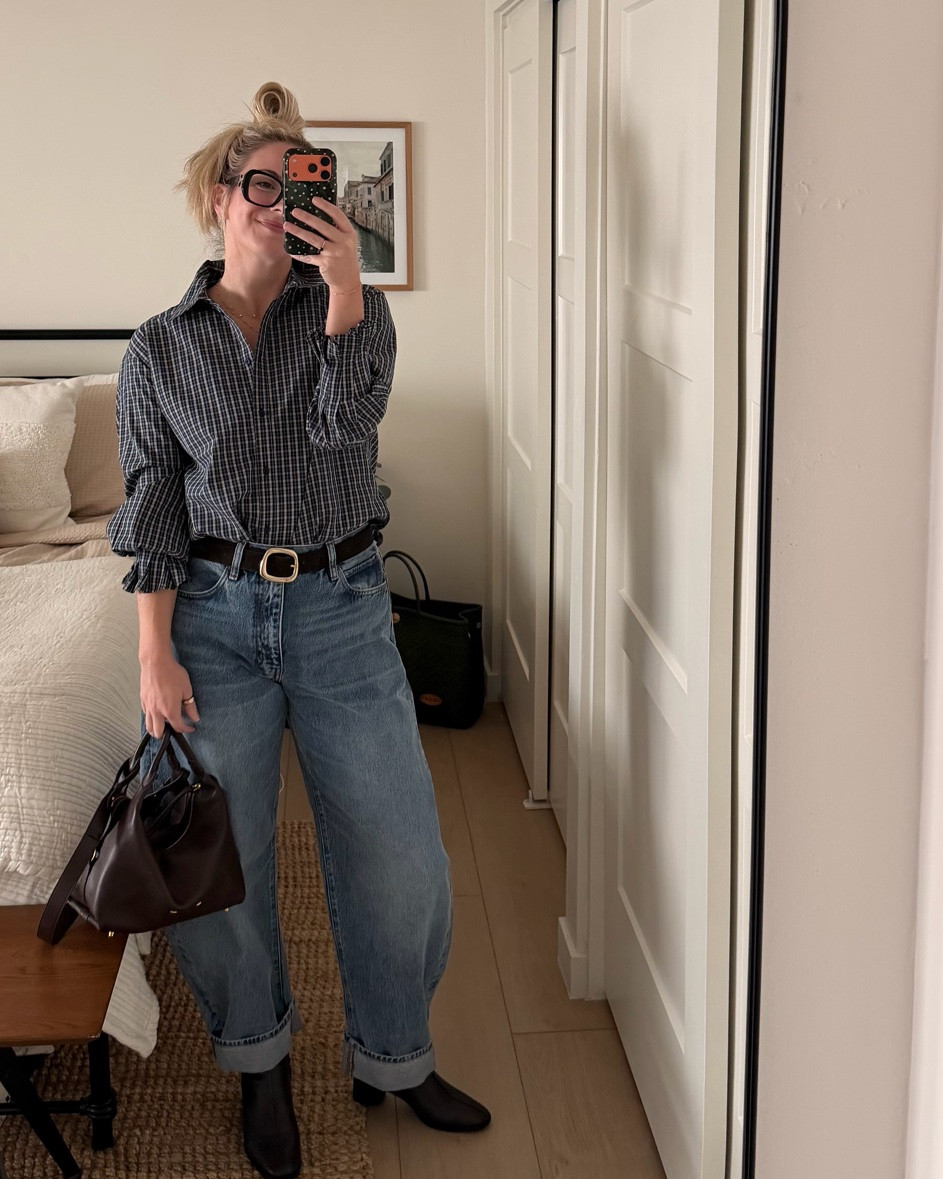 Fall transition outfit of the day 🤍🫶🏻 wearing my new favorite fall shirt from @SEZANE the alis shirt paired with my Frame bubble jeans and brown accessories 

easy and chic and comfy 🍁☀️ 
linked everything below

#LTKootd #LTKWorkwear #LTKSeasonal