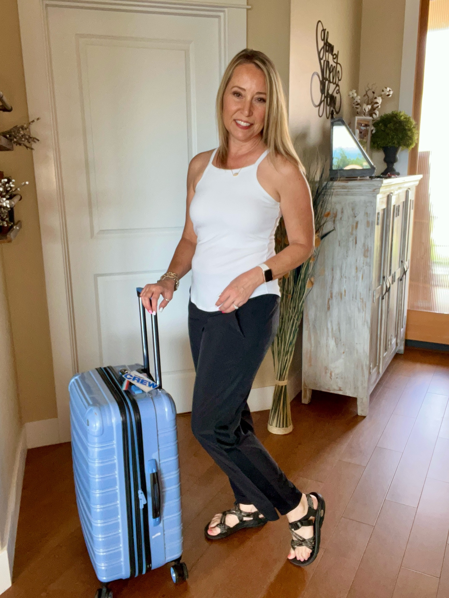 15% off code jennifer15
Favorite Travel outfits always include a Shebird top which has a comfortable and supportive built in bra! 

White tank top
Travel outfit 
Athleta Brooklyn ankle pants joggers
Chaco sandals 
Luggage suitcase
Kendra Scott pendant necklace 
Lululemon belt bag 
Sweatshirt quarter zip 

#LTKtravel #LTKshoecrush #LTKfindsunder100