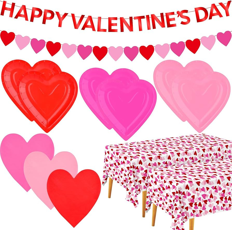 Valentine's Day Party Supplies Set for 48 Guests - Romantic Heart-Shaped Disposable Plates & Napk... | Amazon (US)