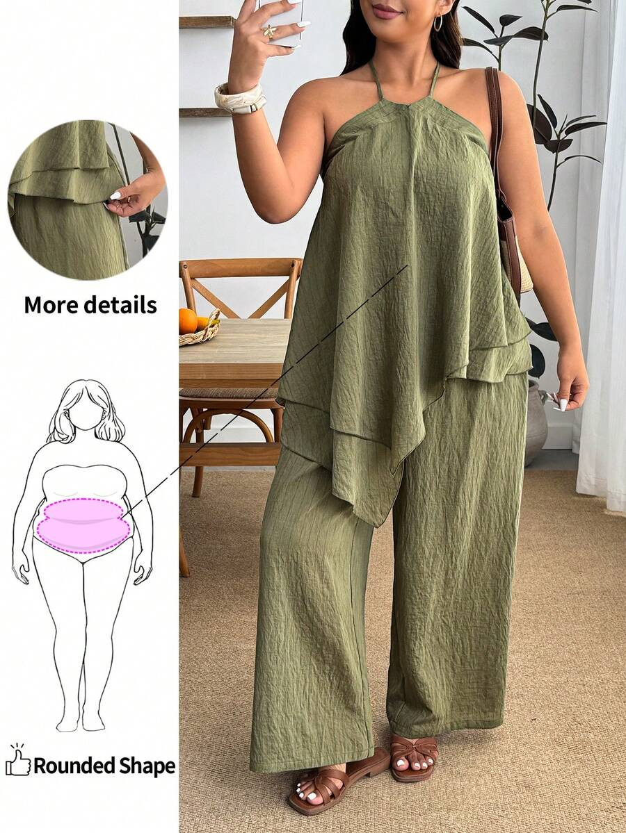 Enliva Plus Size Women Casual Boho Vacation Set, Asymmetric Hem Halter Top And Pants Set Vacation... | SHEIN
