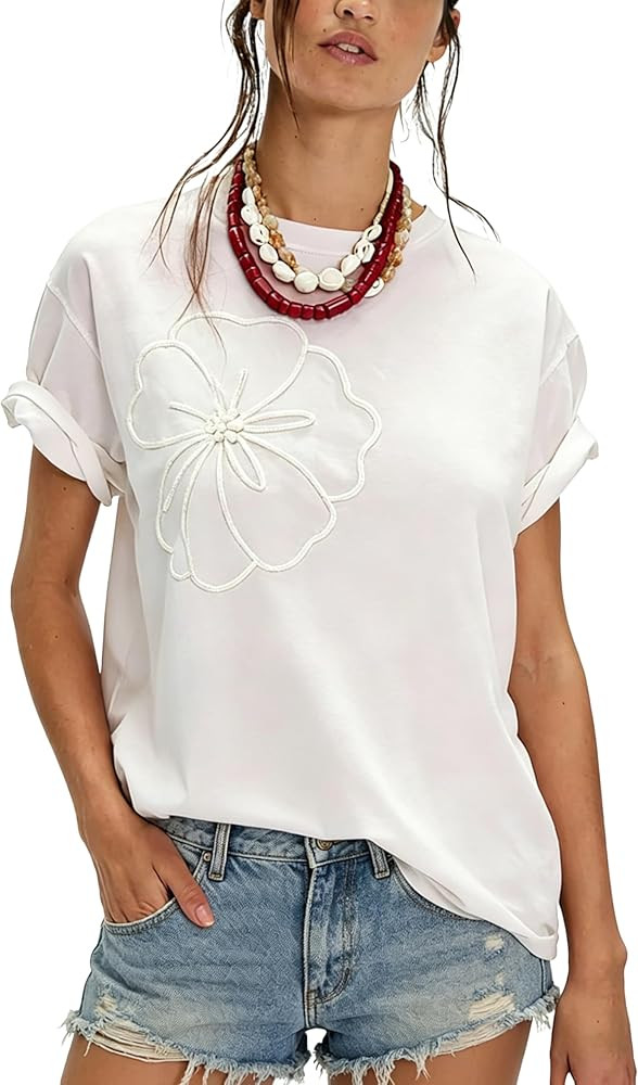 Women's Floral Embroidered Tops Cotton Crew Neck Short Sleeve Shirts Loose Fit Blouses Casual Sum... | Amazon (US)