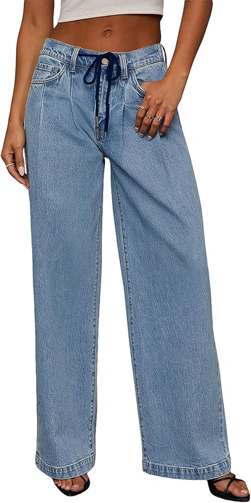 Sidefeel Women's Drawstring Jeans Wide Leg High Waisted Baggy Stretchy Elastic Waist Sweatpant Je... | Amazon (US)