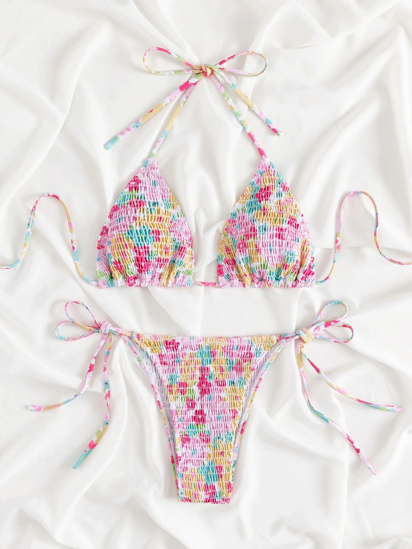 Random Floral Print Halter Smocked Tie Side Bikini Swimsuit | SHEIN