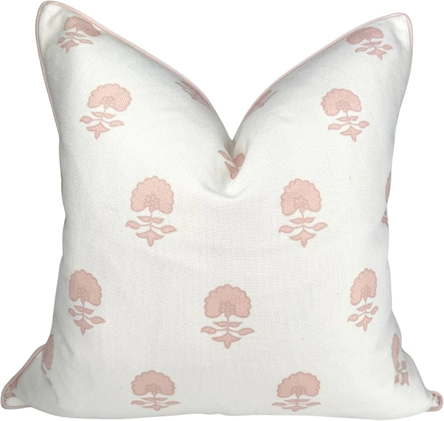 \u201cThe Lauderdale\u201d Floral Block Print Pillow Cover \u2013 Blush Pink and Off-White Decora... | Amazon (US)