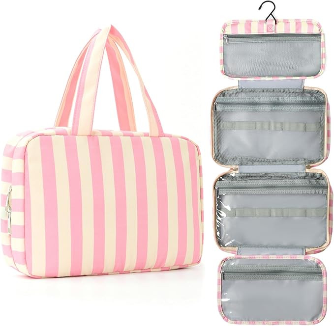 Toiletry Bag for Women Travel Water-resistant Cosmetic Bag Fashion Stripes Makeup Bag with Hangin... | Amazon (US)