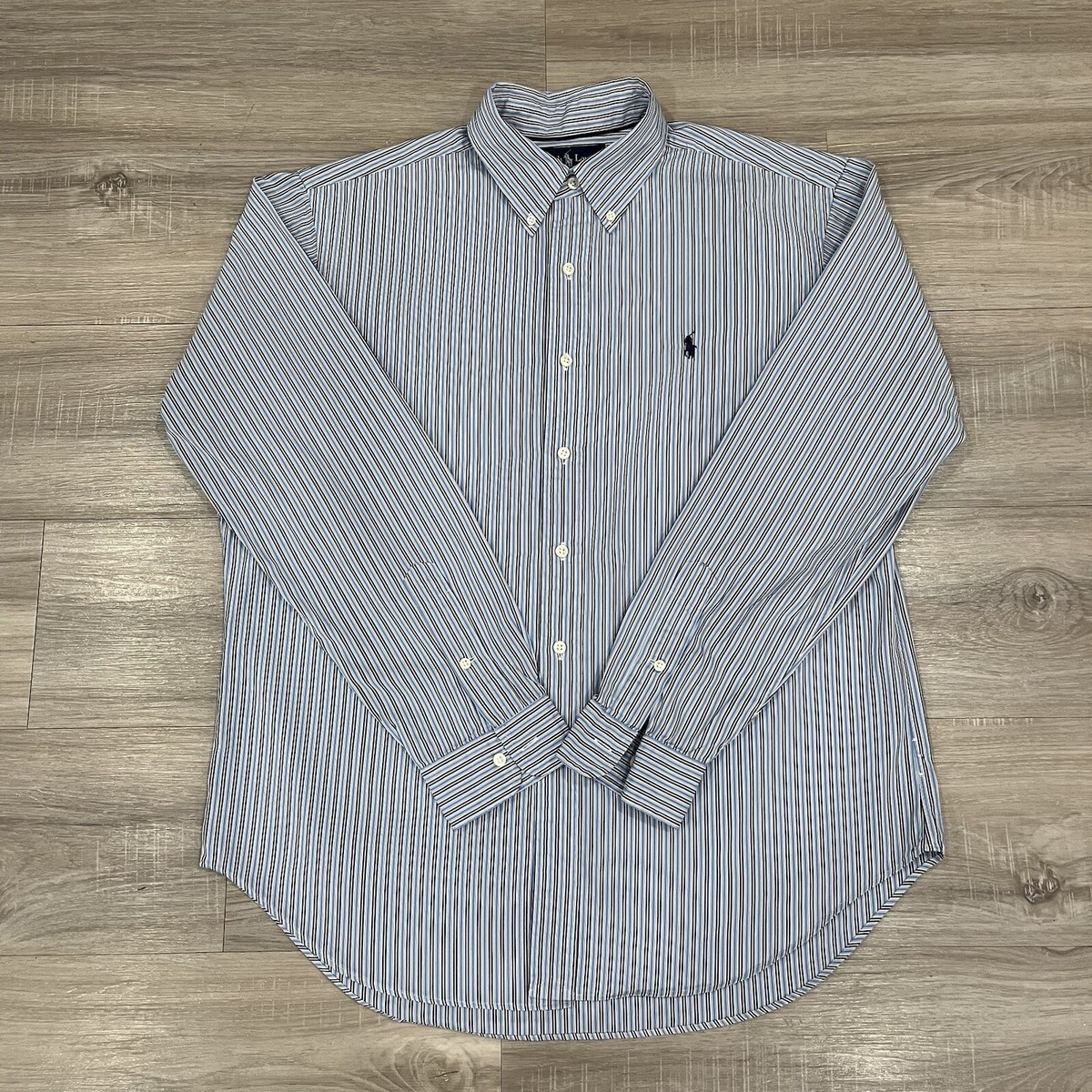 Ralph Lauren Classic Fit Men's LARGE Button-Down Shirt White Blue Striped Pony | eBay US