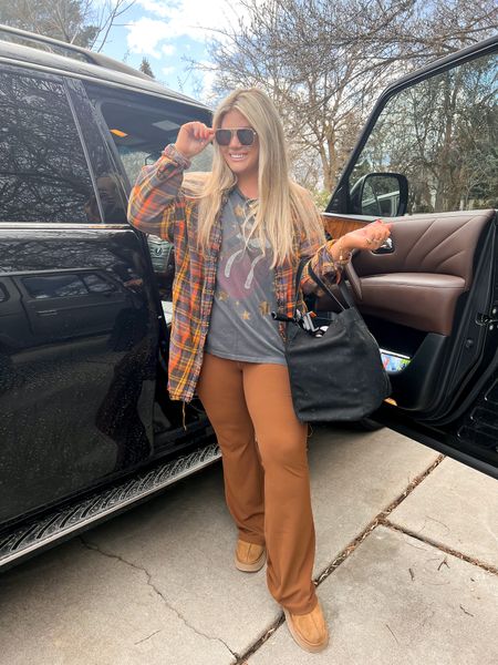 Spring break road trip to the mountains! Love these leggings! They run big, I would stay tts or size down one. My plaid runs big too! I’m in an xl, but love the oversized fit. #roadtripoutfit #vacation #flareleggings #graphictee #sunglasses

#LTKcurves #LTKstyletip #LTKunder50