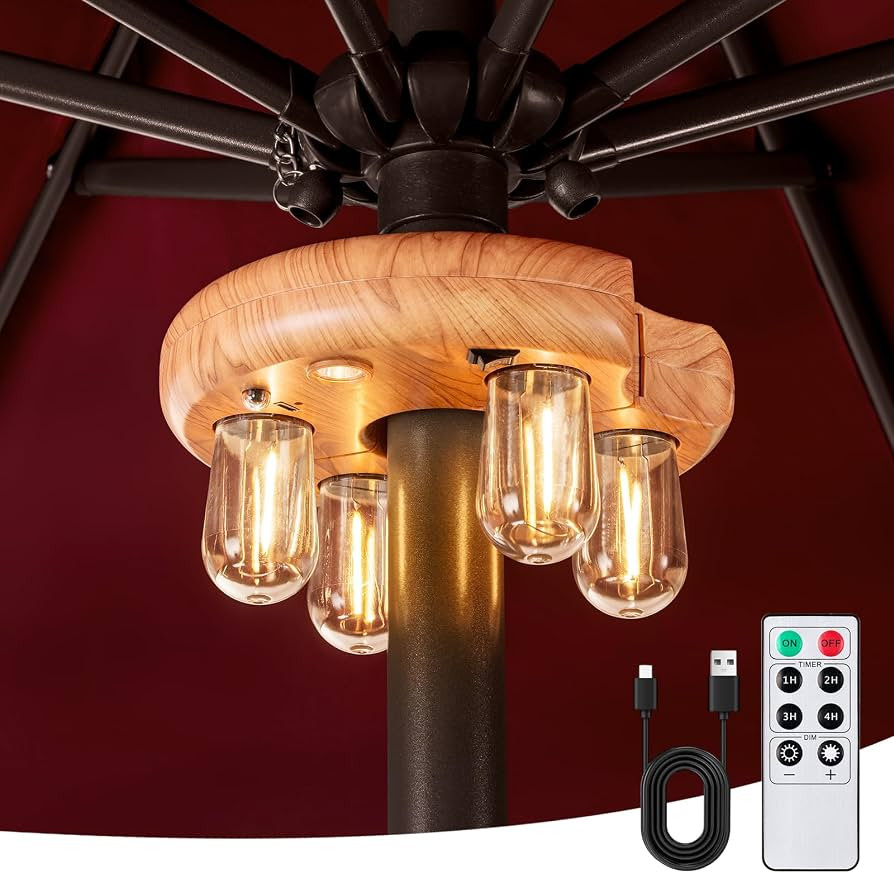 Wood Grain Patio Umbrella Light with Remote Control, Rechargeable Cordless LED Edison Bulbs Pole ... | Amazon (US)