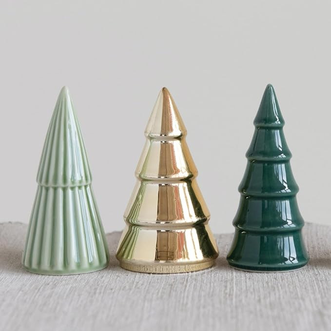 One Holiday Way Set of 3 Green and Gold 3.5-Inch Small Porcelain Ceramic Christmas Tree Figurines... | Amazon (US)