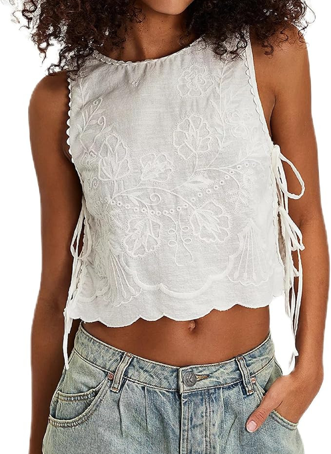 Women Side Tie Tank Top Y2k Floral Embroidery Crop Vest Sleeveless Flower Embroidered Babydoll Bl... | Amazon (US)