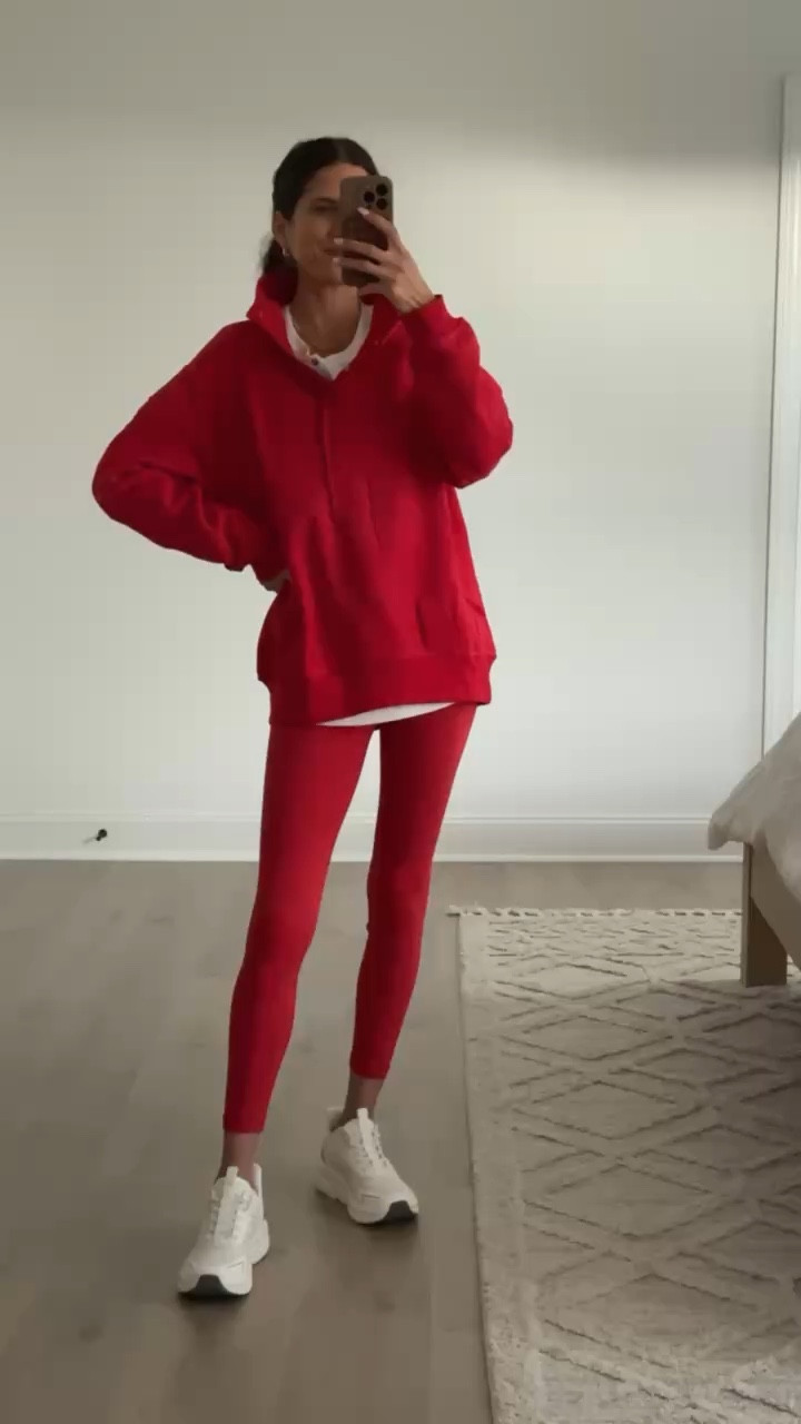Red oversized sweatshirt styled with leggings and sneakers for an effortless everyday outfit. Cozy, relaxed fit that’s easy to layer and comfortable for all-day wear. Perfect athleisure look for school drop off, running errands, travel days, or casual weekends. Red sweatshirt outfit, leggings outfit, athleisure wear, casual mom outfit, cozy lounge style, everyday casual clothing, relaxed fit pullover, comfortable daily wear.

#LTKFindsUnder50 #LTKootd #LTKfitnessgoals