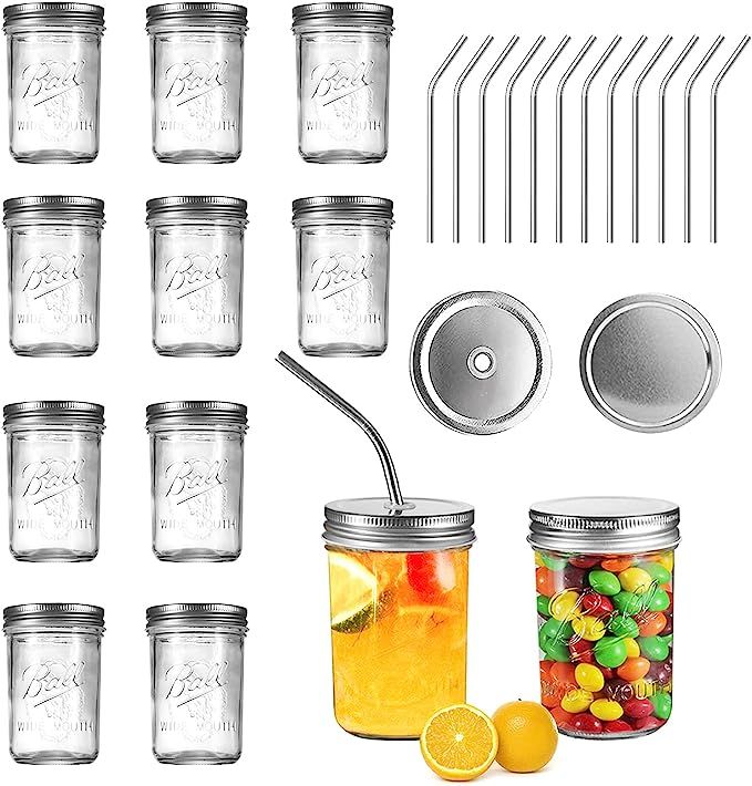 Ball Mason Jars 8 OZ, OAMCEG 12 Pack Canning Jars with Lids & Straws for Regular Mouth Mason Jars... | Amazon (US)