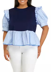 Plus Size Elbow Sleeve Mixed Media Top | Belk