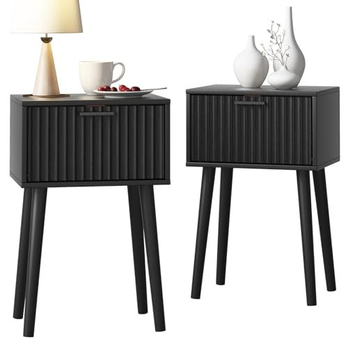 LAATOOREE Nightstands Set of 2, Small Side Table, Bedside Table with Fluted Door, Solid Wood Feet; Modern Mid-Century End Table for Bedroom, Small Space (Black) | Amazon (US)
