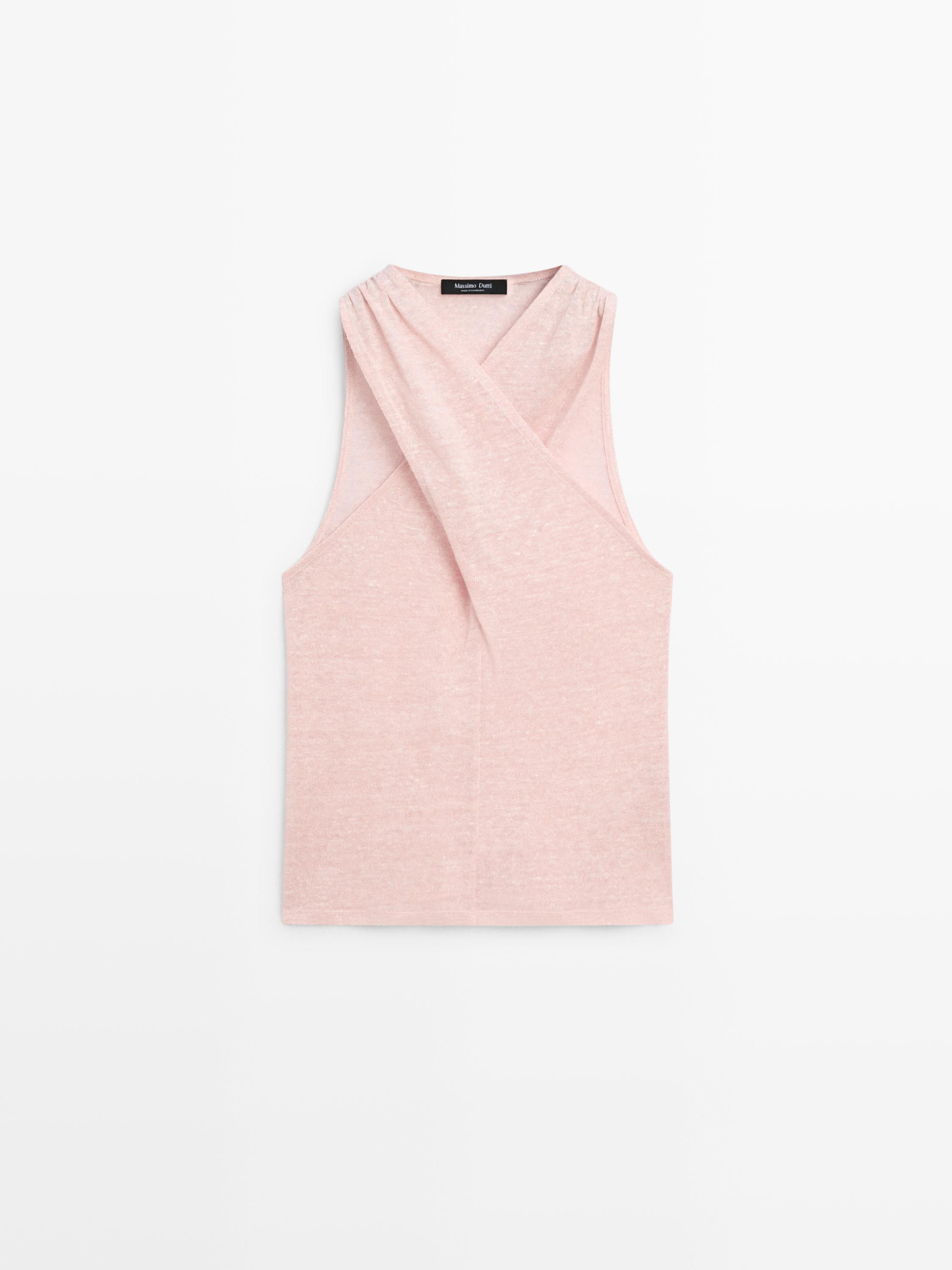 Linen blend top with surplice neckline | Massimo Dutti UK