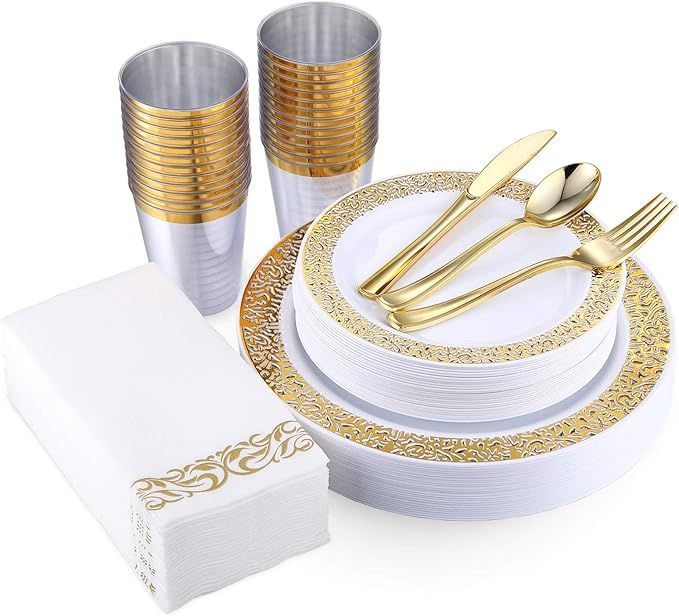 175 Piece Gold Dinnerware Set 25 Guest-50 Gold Lace Plastic Plates-25 Gold Plastic Silverware-25 ... | Amazon (US)