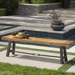 Noble House 63 in. Teak Brown Wood and Metal Outdoor Patio Dining Bench 16212 - The Home Depot | The Home Depot