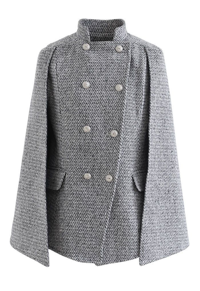 Flap Pocket Double-Breasted Tweed Cape Coat | Chicwish