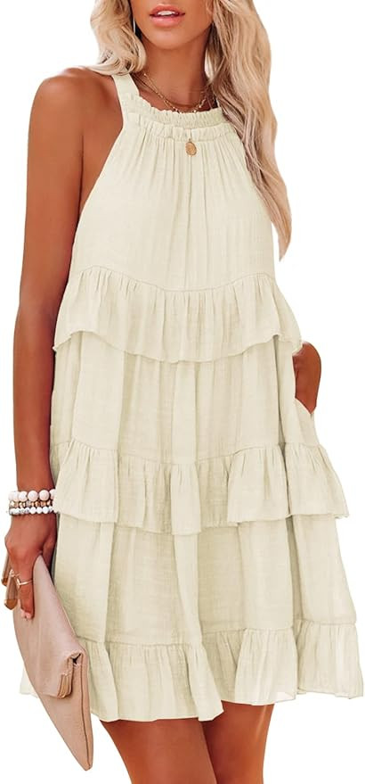 Nirovien Women's Summer Sleeveless Halter Dresses Sexy Tiered Loose Mini Dress Babydoll Pleated S... | Amazon (US)