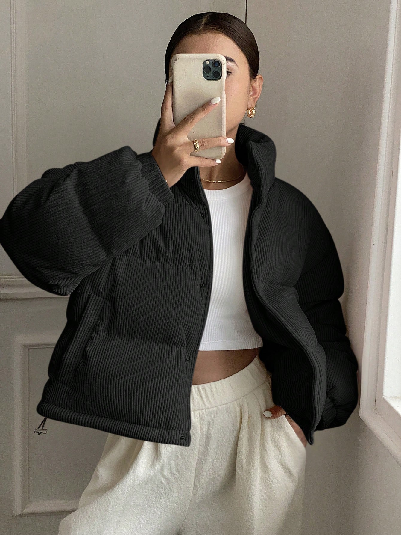 DAZY Stehkragen Cord Stoff einfarbiger gepolsterter Mantel für Damen, Winterkleidung für Frauen... | SHEIN