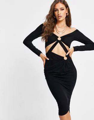 ASOS DESIGN long sleeve ring detail midi dress with cut out in black | ASOS (Global)