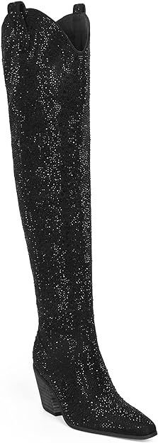 KVZFNZ Women's Cowboy Boots Western Cowgirl Boots Rhinestone Over The Knee High Boots Chunky Stac... | Amazon (US)