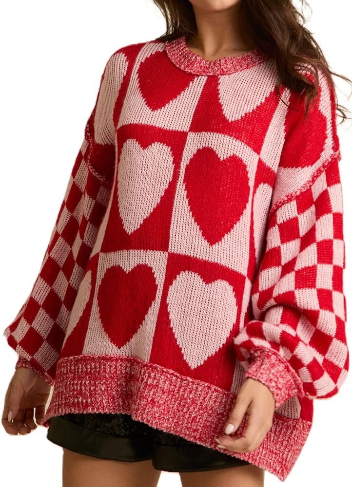 Women Heart Sweater Long Sleeve Color Block Checkered Valentine's Day Heart Sweatshirt Coquette B... | Amazon (US)