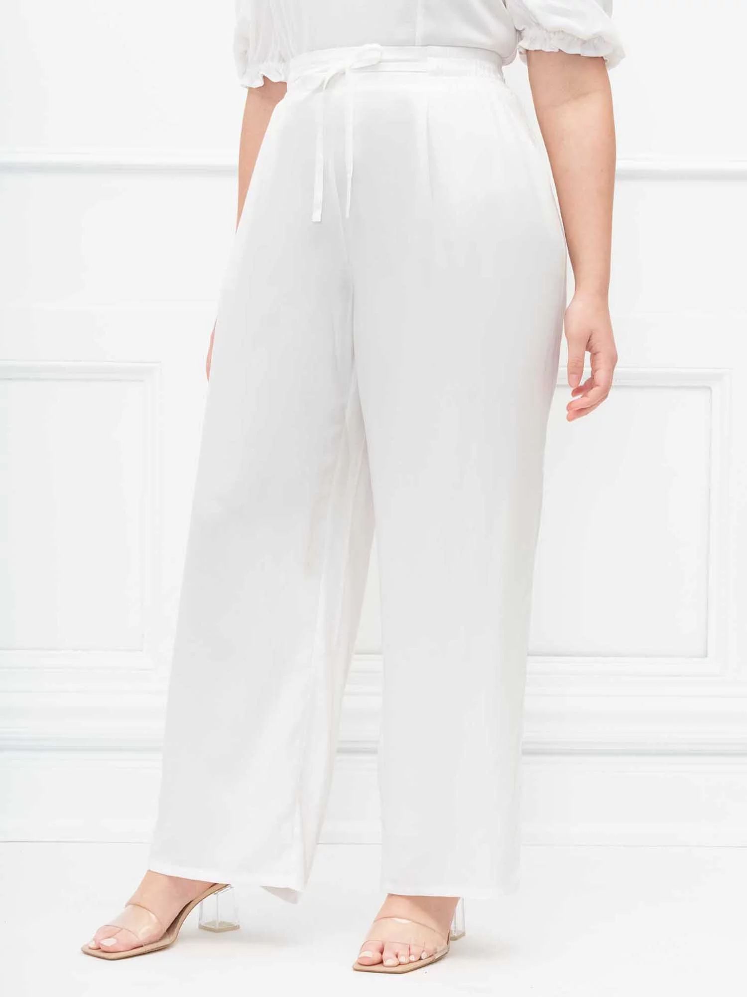 ELOQUII Elements Women's Plus Size Tie-Waist Wide Leg Pants - Walmart.com | Walmart (US)