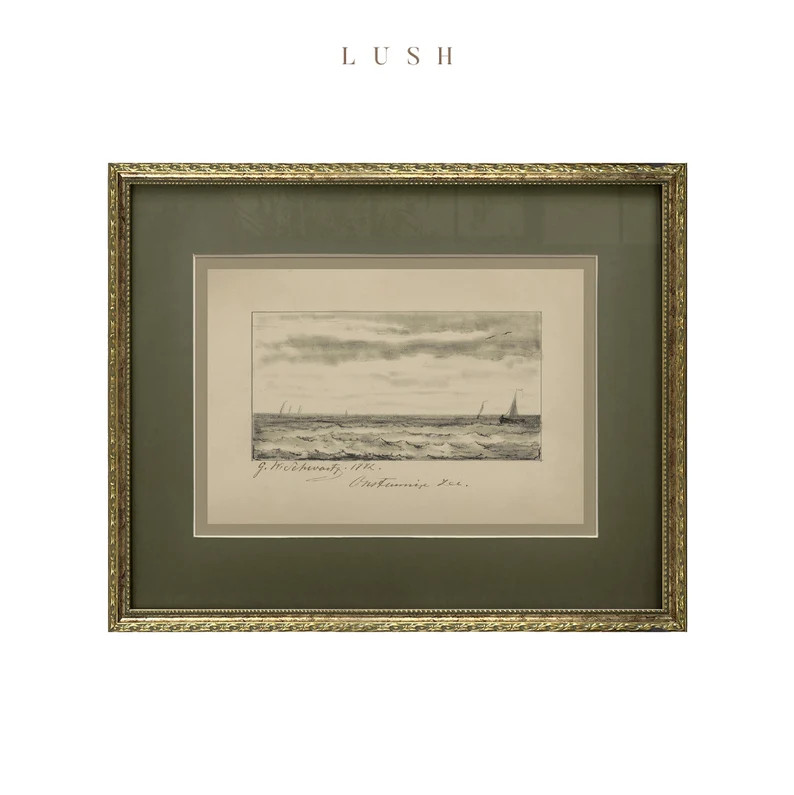 Vintage Gold Framed Wall Art, Sage Green Matted, Seascape Framed Sketch, Antique Sailboat Drawing... | Etsy (US)