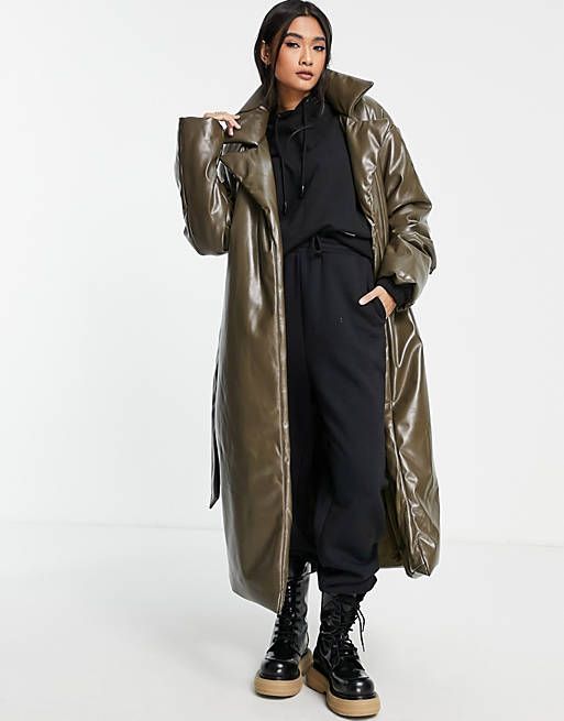 ASOS DESIGN leather look longline padded coat with belt in brown            | ASOS | ASOS (Global)
