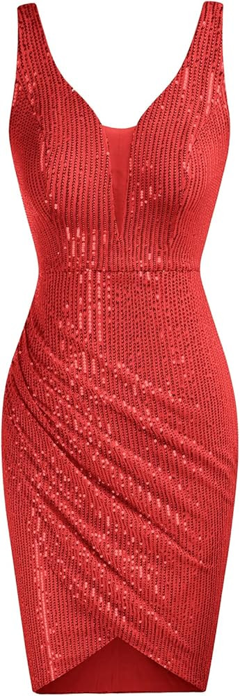 GRACE KARIN Women Deep V Neck Party Mini Dress U Back Sequin Irregular Hem Evening Dress | Amazon (US)