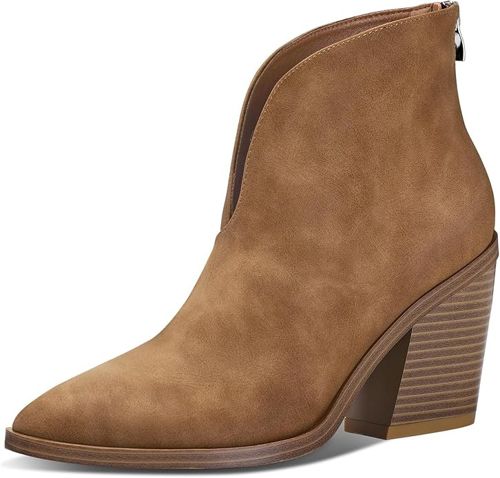 mysoft Women's V Cut Out Ankle Boots Slip On Pointed Toe Chunky Stacked Heel Booties | Amazon (US)