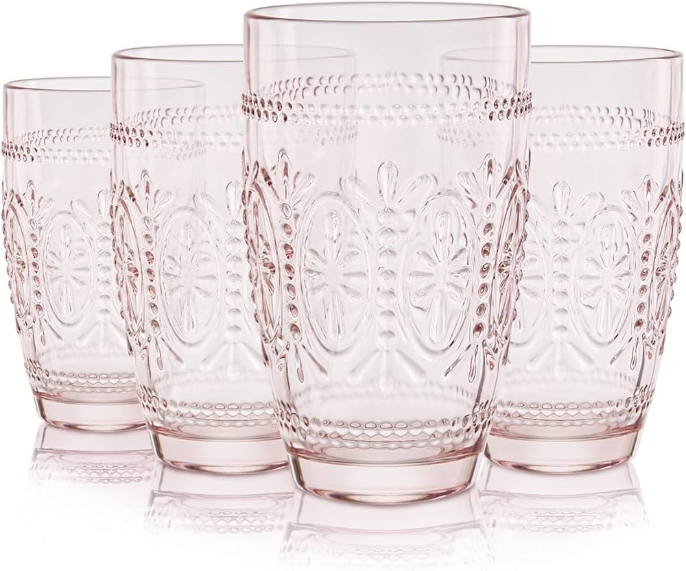 CREATIVELAND 4 Pack Colored Vintage Drinking Glasses, 15.5 oz Romantic Embossed Water Glasses, Co... | Amazon (US)