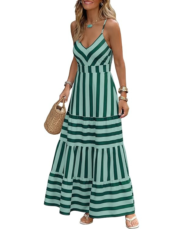 Caracilia Summer Maxi Dresses for Women Spaghetti Strap Back Smocked A Line V Neck Casual Long Dr... | Amazon (US)