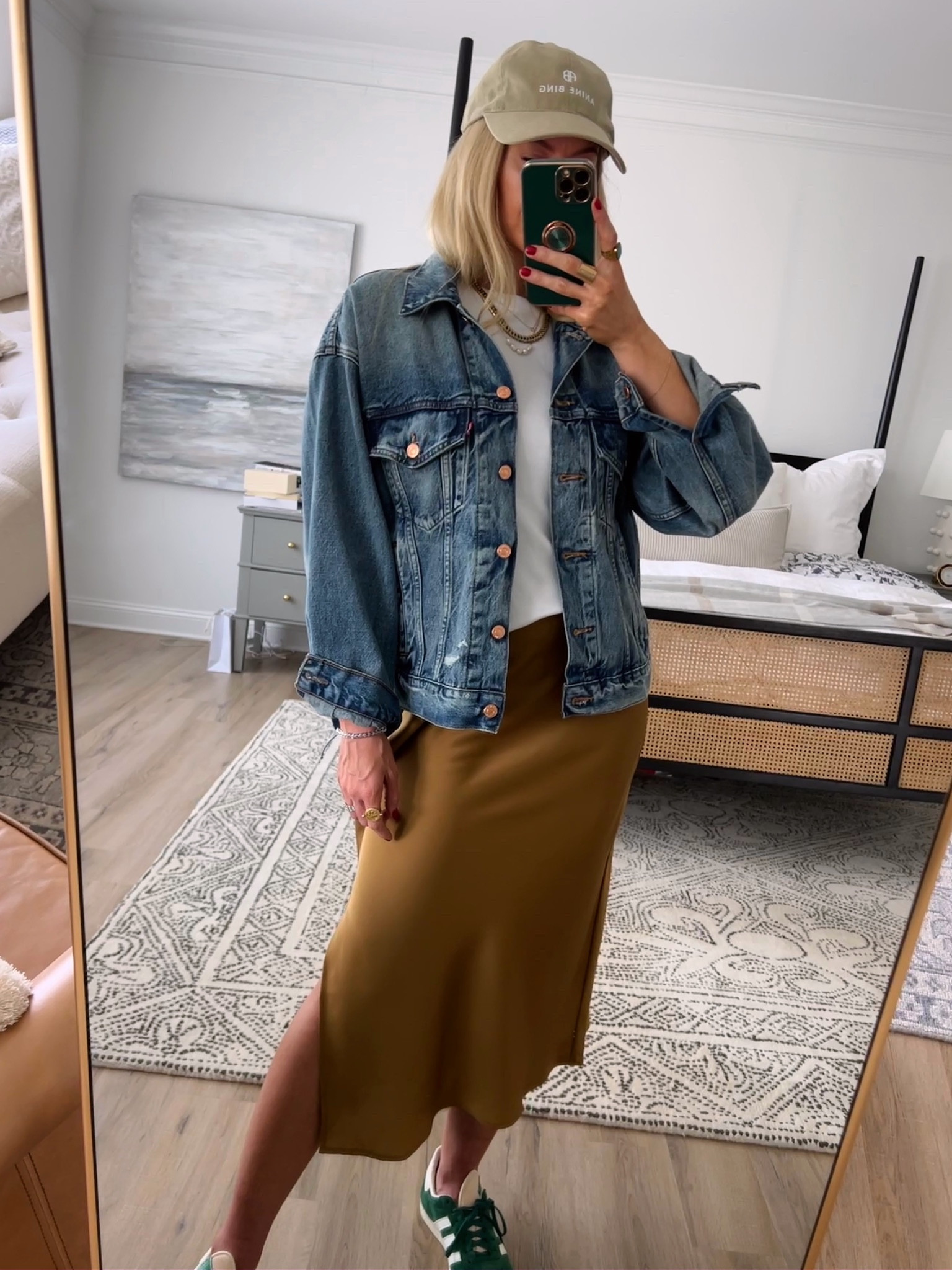 White crewneck with gold slip skirt, green sneakers, oversized denim jacket 

#LTKstyletip #LTKshoecrush