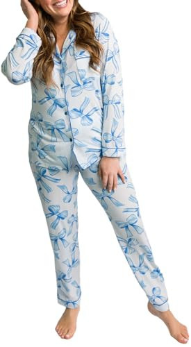 LILTWIST Blue Bow Pajamas for Women Cute Christmas Print 2 Piece Preppy Pjs with Bows Long Sleeve Shirts Lounge Pj Pants Set | Amazon (US)
