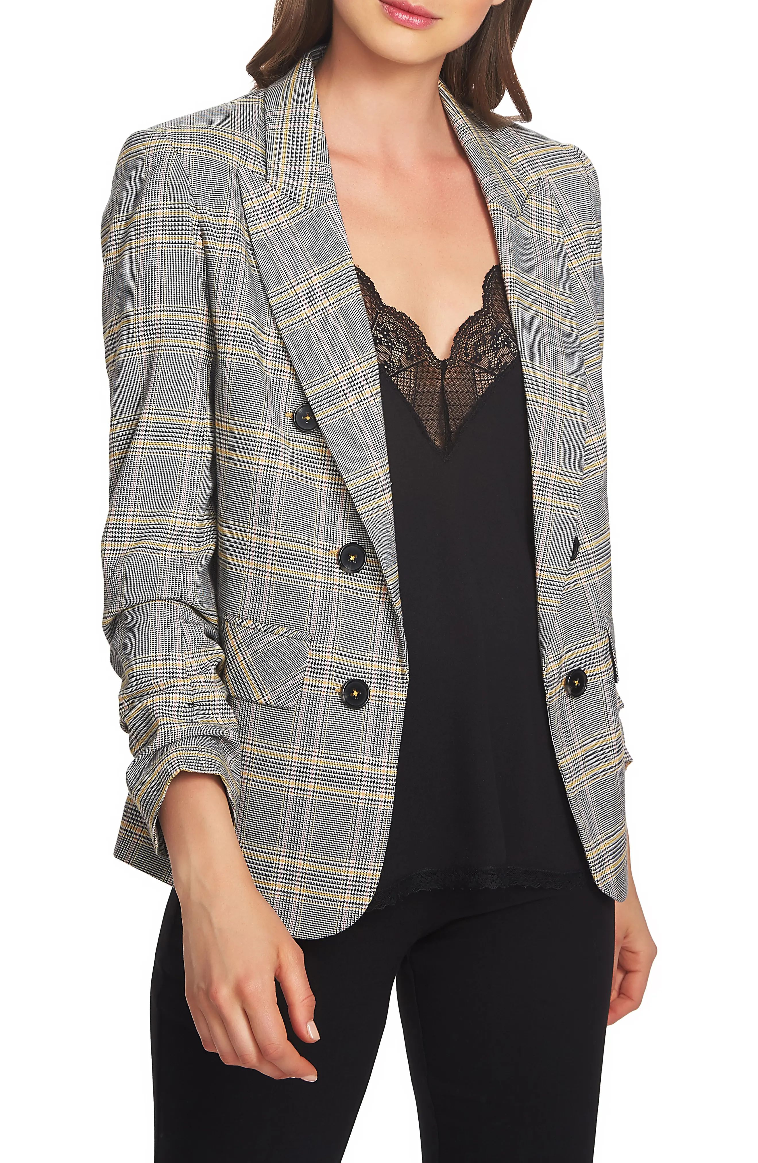 Women's 1.state Menswear Plaid Ruched Sleeve Blazer | Nordstrom