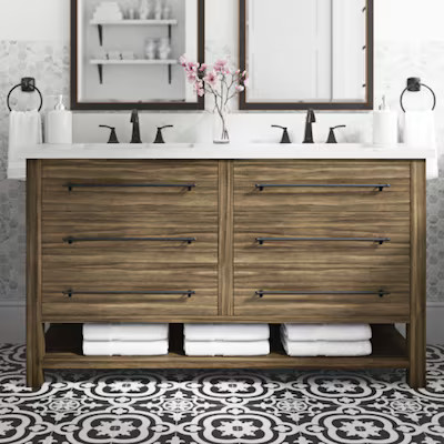 allen + roth Kennilton 60-in Gray Oak Undermount Double Sink Bathroom Vanity with White Carrera E... | Lowe's