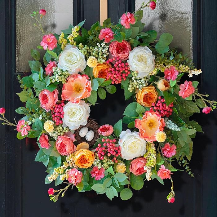 24 Inch Spring Wreaths for Front Door Outside,Handcrafted Spring Door Wreath with Roses,Eucalyptu... | Amazon (US)