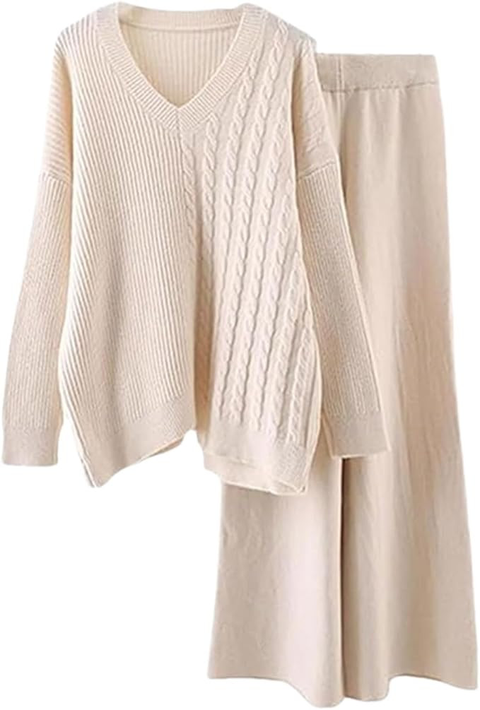 QQLADY Women's Lounge Two Piece Outfits, Knit Long Sleeve V Neck Sweater Pullover Top and Wide Le... | Amazon (US)